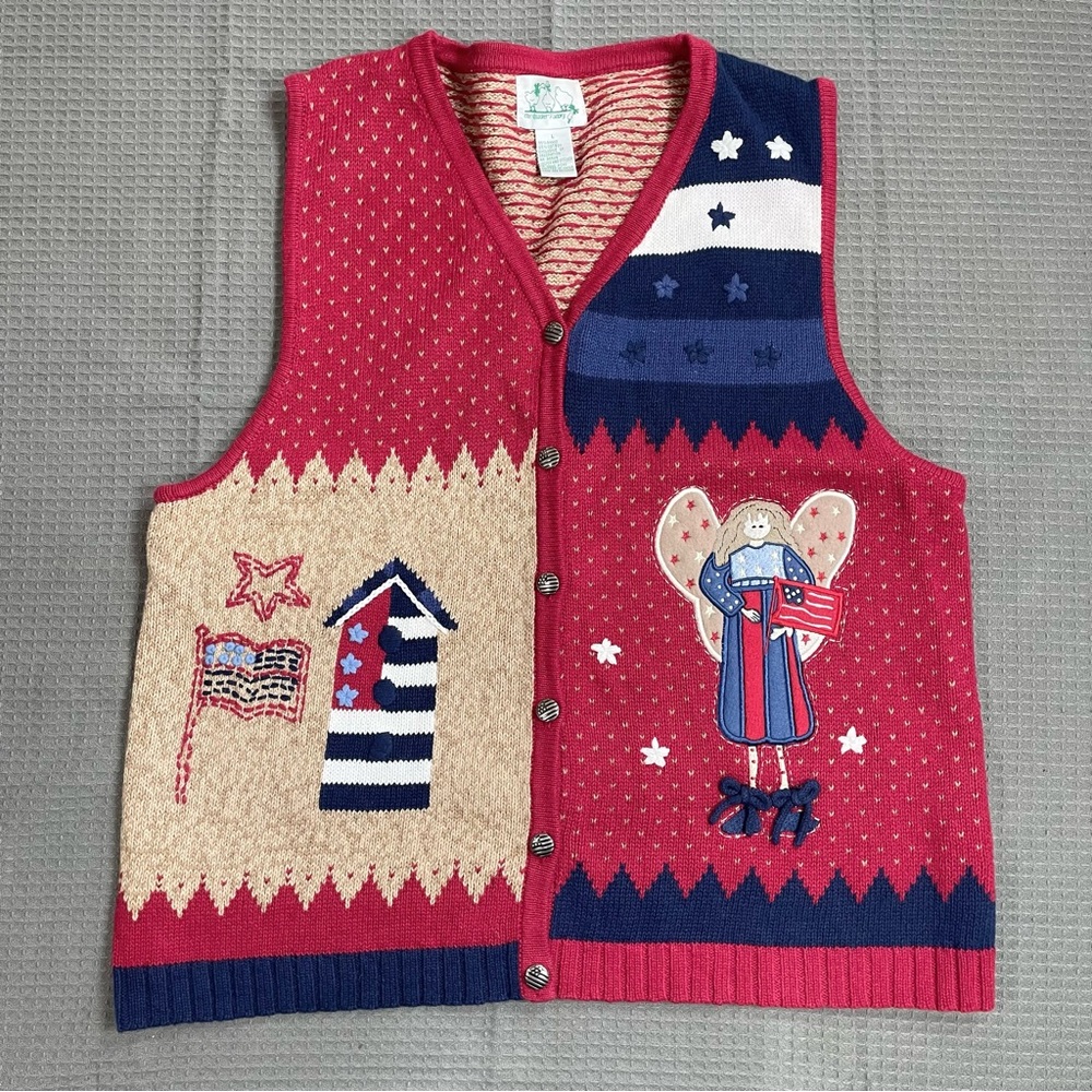 Quacker Factory Sweater Vest Large‎ Angel American Flag Patriotic Vintage